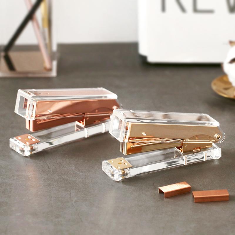 Luxury Rose Gold Gold Manual Stapler Fashion Metal Acrylic Stapler 24/6 26/6 Include 1000pcs Staples grapadora papelaria
