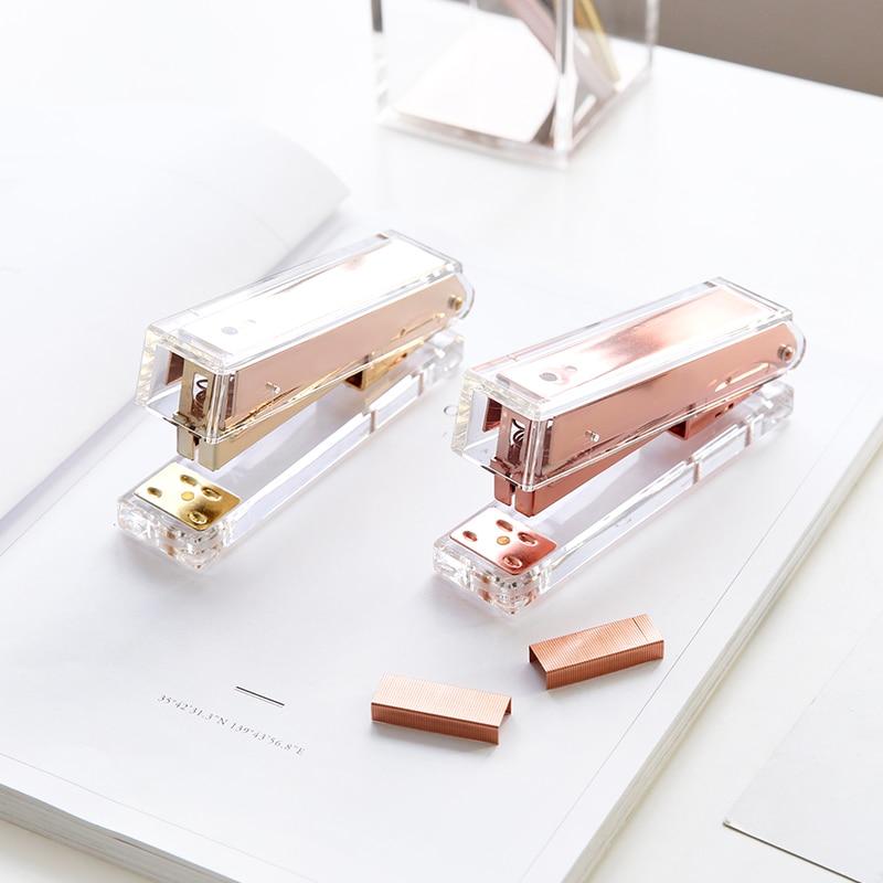 Luxury Rose Gold Gold Manual Stapler Fashion Metal Acrylic Stapler 24/6 26/6 Include 1000pcs Staples grapadora papelaria