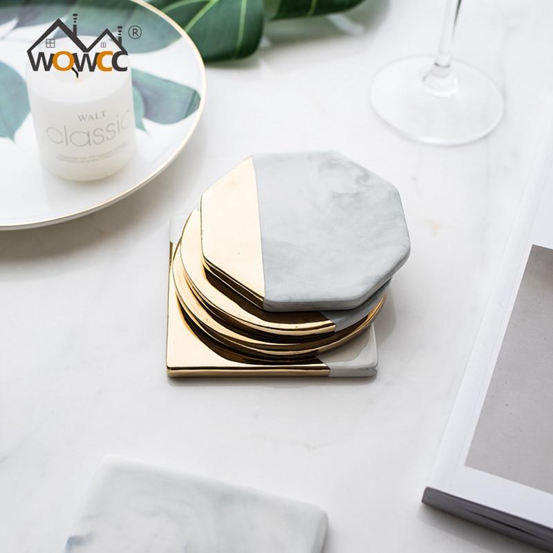 WOWCC 1 pc Marble Grain Gold Plating Ceramic Coaster Cup Mats Pads Home Decorations Kitchen Tools Desktop Non-slip Luxury Pad