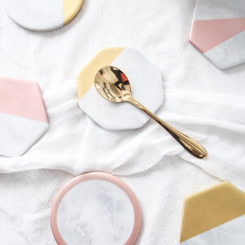 WOWCC 1 pc Marble Grain Gold Plating Ceramic Coaster Cup Mats Pads Home Decorations Kitchen Tools Desktop Non-slip Luxury Pad