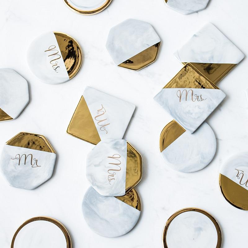 WOWCC 1 pc Marble Grain Gold Plating Ceramic Coaster Cup Mats Pads Home Decorations Kitchen Tools Desktop Non-slip Luxury Pad