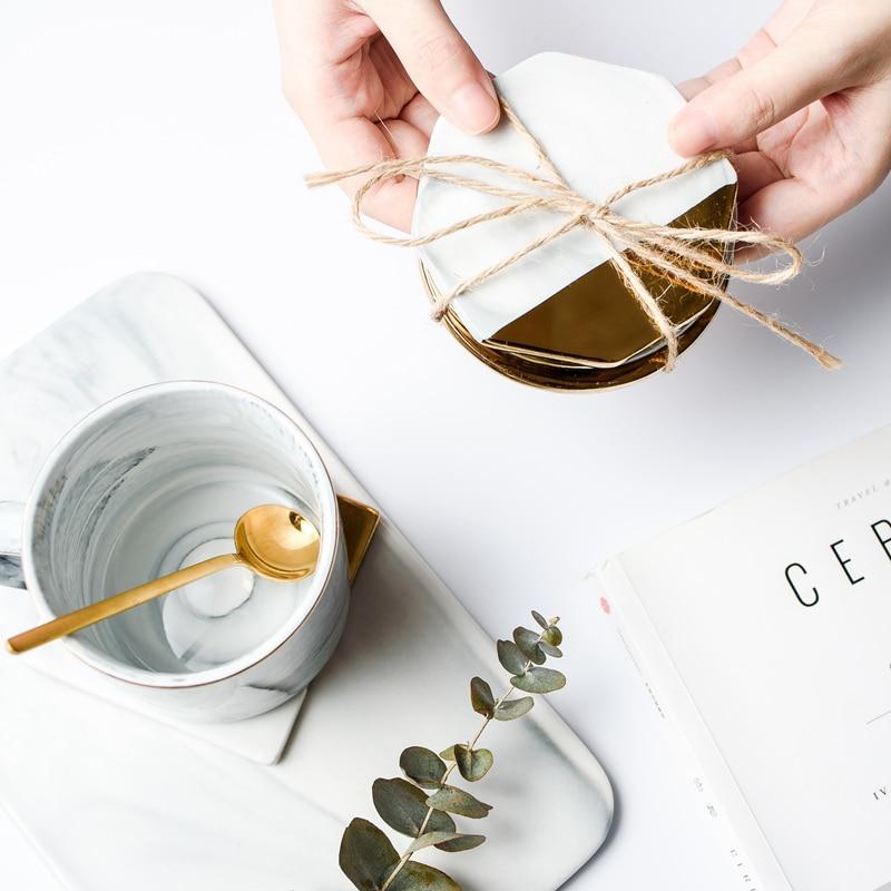 WOWCC 1 pc Marble Grain Gold Plating Ceramic Coaster Cup Mats Pads Home Decorations Kitchen Tools Desktop Non-slip Luxury Pad